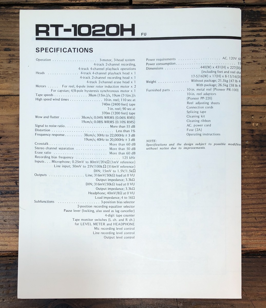 Pioneer RT-1020H Reel to Reel Fold Out Schematic *Original*