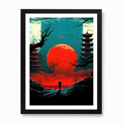 Asian Landscape with a Red Full Moo Framed Wall Art Poster Canvas Print Picture