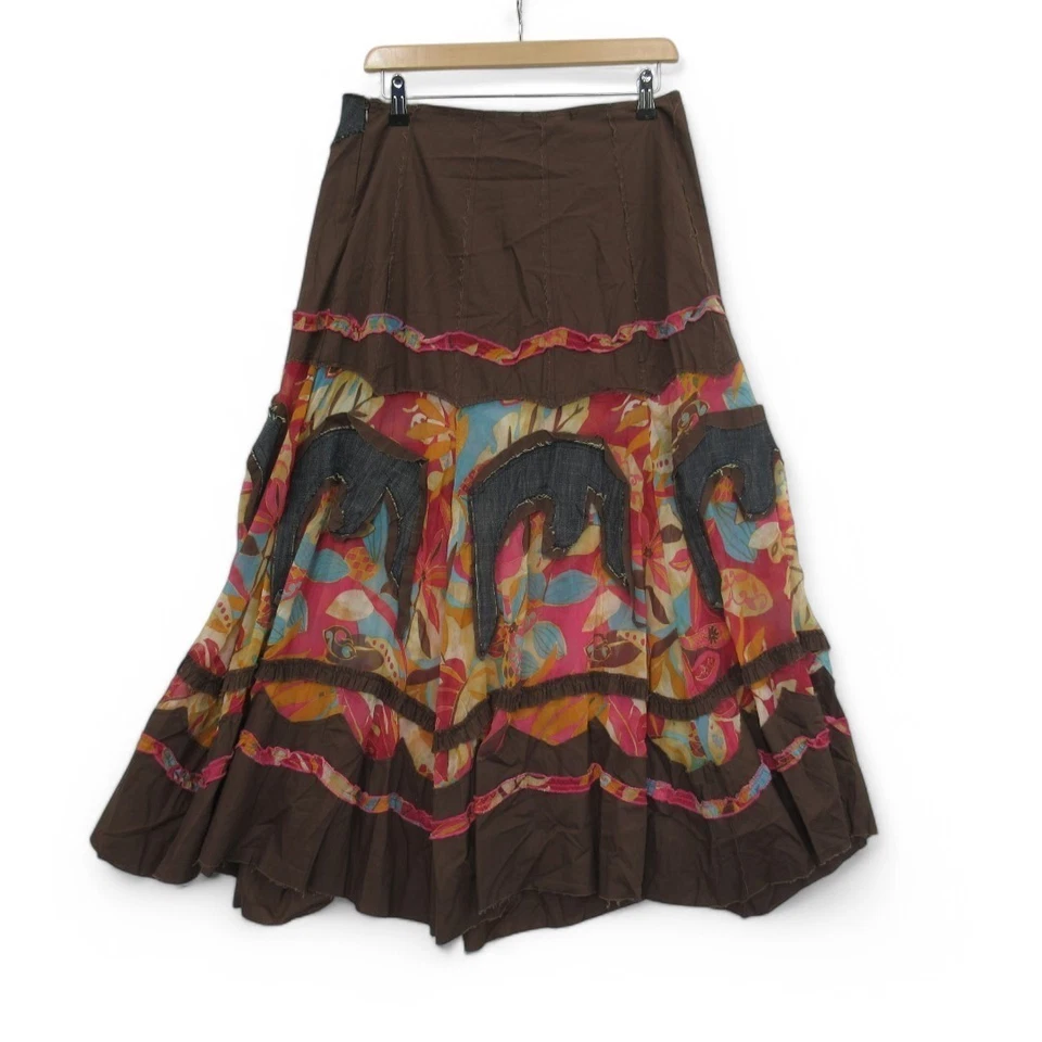 RINASCIMENTO нашивка работы юбка Великобритании большой длинный коричневый смесь хлопок Preloved - Изображение 3 из 4