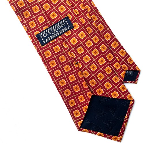 Guess Red Tie - Orange White Geometric Pattern On Grid 100% Silk Necktie - Picture 8 of 9