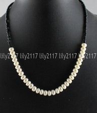 3mm Bright Black Spinel Gemstone Natural White Rondelle Pearl Necklace 18''