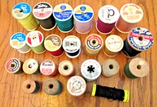 Vintage SEWING SPOOLS, 10 Wood, J@P Talon Germany Elastic, 24 Total Spools