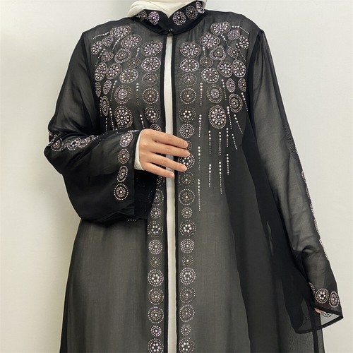 Elegant Dubai Chiffon Diamond Cardigan Dress Muslim Abaya Kaftan African Clothes - Picture 18 of 43