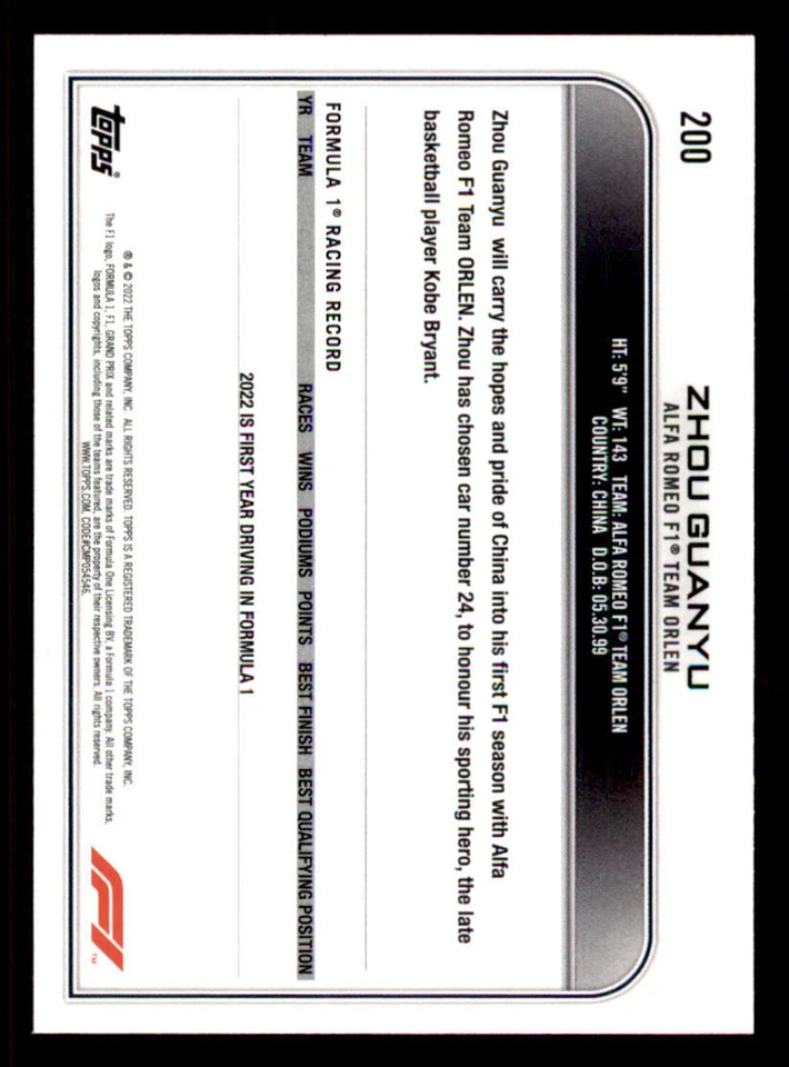2022 Topps Formula 1 #200 Zhou Guanyu F - Image 2 of 2