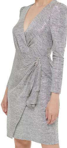 JESSICA HOWARD Sheath Dress Size 10 Silver Foil Print Faux Wrap Knit NWT $149 - Picture 4 of 9