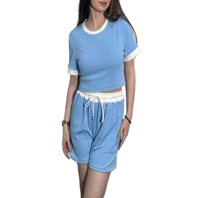 Women Tracksuit Ribbed Contrast Crop Top And Waistband Short Pockets Co Ord Set