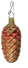 VINTAGE Red Gold Glitter PINECONE 4.5  GLASS CHRISTMAS ORNAMENT Made In Germany