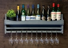 Large Grey Wooden Wine Shelf Rack Bottle & 10 Glass Holder Home Bar (10GR)EL