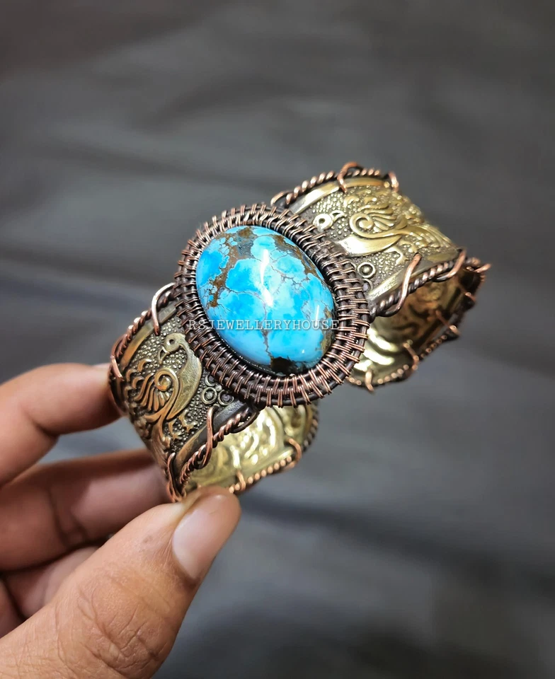 藏族绿松石双色手镯铜线包装可调节袖口手链 — 第 3/4 张图片