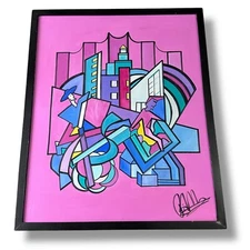 Original Abstract Street Art Graffiti Style Framed Painting Canvas Wooden Frame