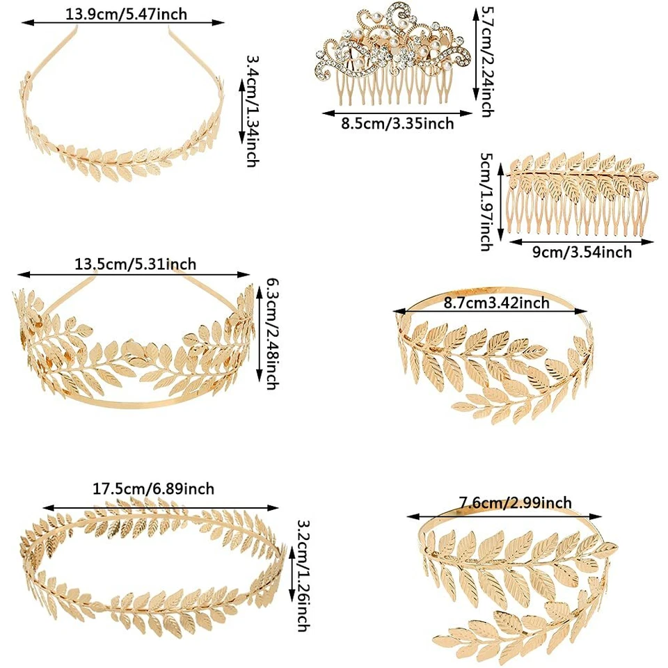 7pc Greek Roman Gold Leaf Headband Tiara Bracelet Set – Bridal Cosplay Jewelry - Image 2 of 4