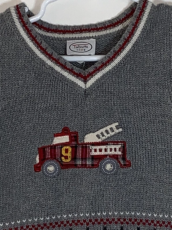 Talbots Bebé Niño Talla 6M Suéter Chaleco Gris Cuello en V Cuadros Camión de Bomberos #9 100% Algodón Foto 3 de 4