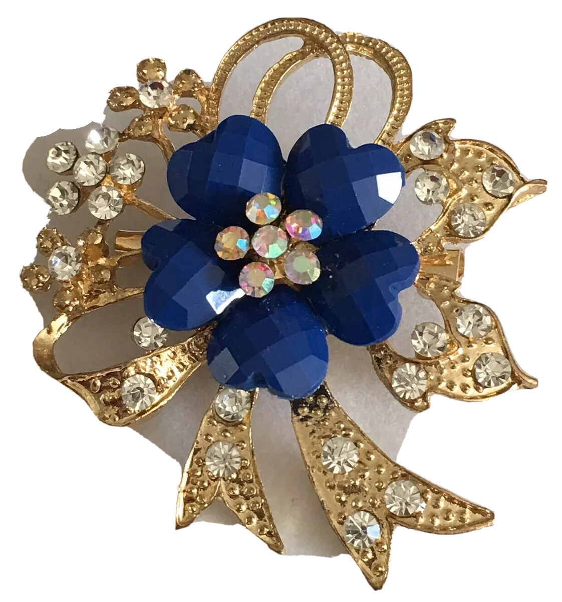 Vtg Crystal Blue Flower Brooch Pin Gold Tone Bridal Floral Bling