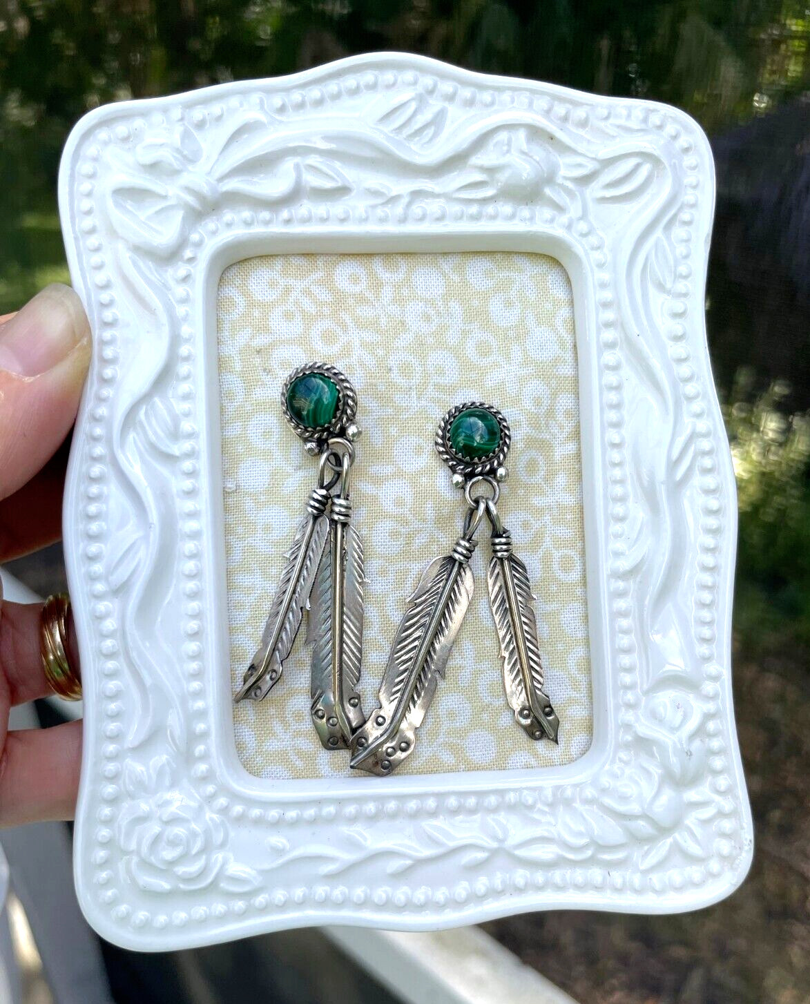 Malachite Post Earrings Signed Feather Moses Jack… - image 7