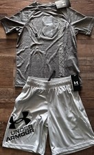 NWT Under Armour YMD Light Gray/Dark Gray/White/Black BIG LOGO Shorts Set Medium