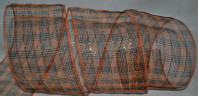 Deco Mesh Ribbon~Halloween Metallic Black~Orange~4''~Fall~Wreath~Craft~Gift~Bow