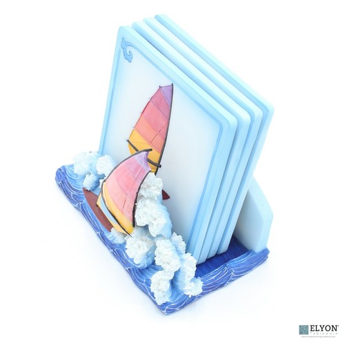 Hand Painted Resin 3D Sailboat Coaster Set, Stand with 4 Coasters, A. Richesco - Picture 6 of 7