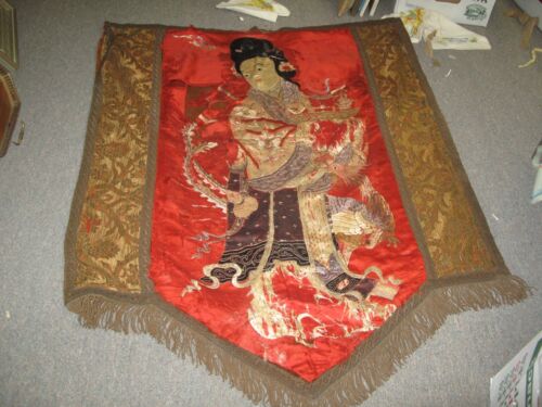 Ancienne soie chinoise & métallique XI WANGMU déesse broderie tapisserie asiatique - Photo 1/11