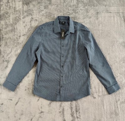 Express Men's Slim Fit Button Down Shirt Medium Navy Blue Grid Checkered NWT