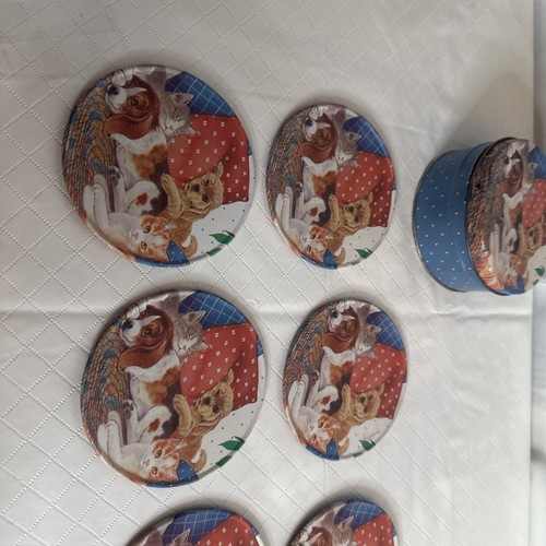 Posavasos De Colección Cachorros Gatitos Metal Corcho Trasero 3.5" Redondo Juego de 6 en Estaño Leer - Imagen 4 de 11