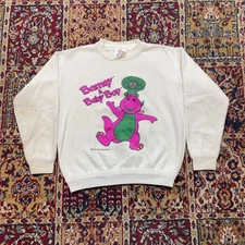 Vintage 1992 Barney Baby Bop Kids White Crewneck Sweatshirt Size 7 USA TV show