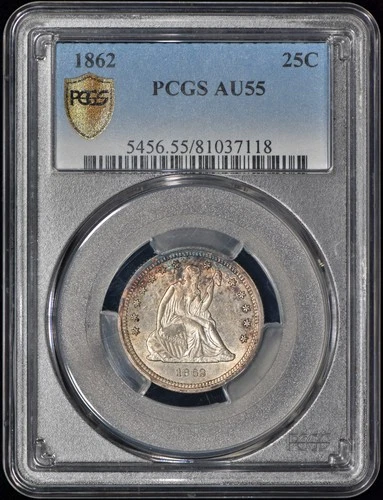 1862 Seated Liberty Quarter 25c PCGS AU55 - Nice Coin w/ Color!