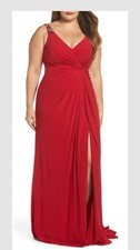 Mac Duggal 16W Red Evening Gown Formal Ruched Headed Strap Side Slit Maxi Dress