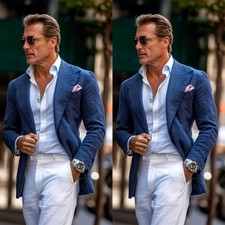 Navy Linen Men's Suits Wide Peak Lapel Formal Business Party Men Blazers Tuxedos