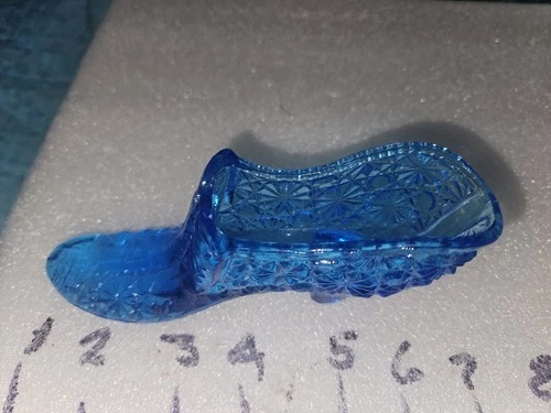 FENTON GLASS SLIPPER BLUE  DAISY BUTTON HIGH HEEL SHOE