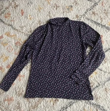 M&S Ladies Navy Blue Ditsy Floral Roll Neck Long Sleeved Top  Print Size 12