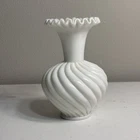 Vintage Fenton Milk Glass Swirl Ruffled Edges Vase