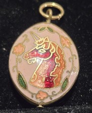 Vtg Dainty SMALL Double Sided Puffy Oval CLOISONNE UNICORN PENDANT    Long Pink