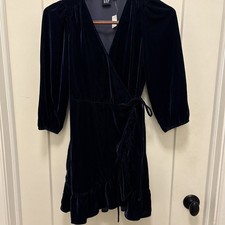 NWT GAP Petite Small Navy Blue Velvet Wrap Dress Ballon Sleeve Ruffle Hem Winter