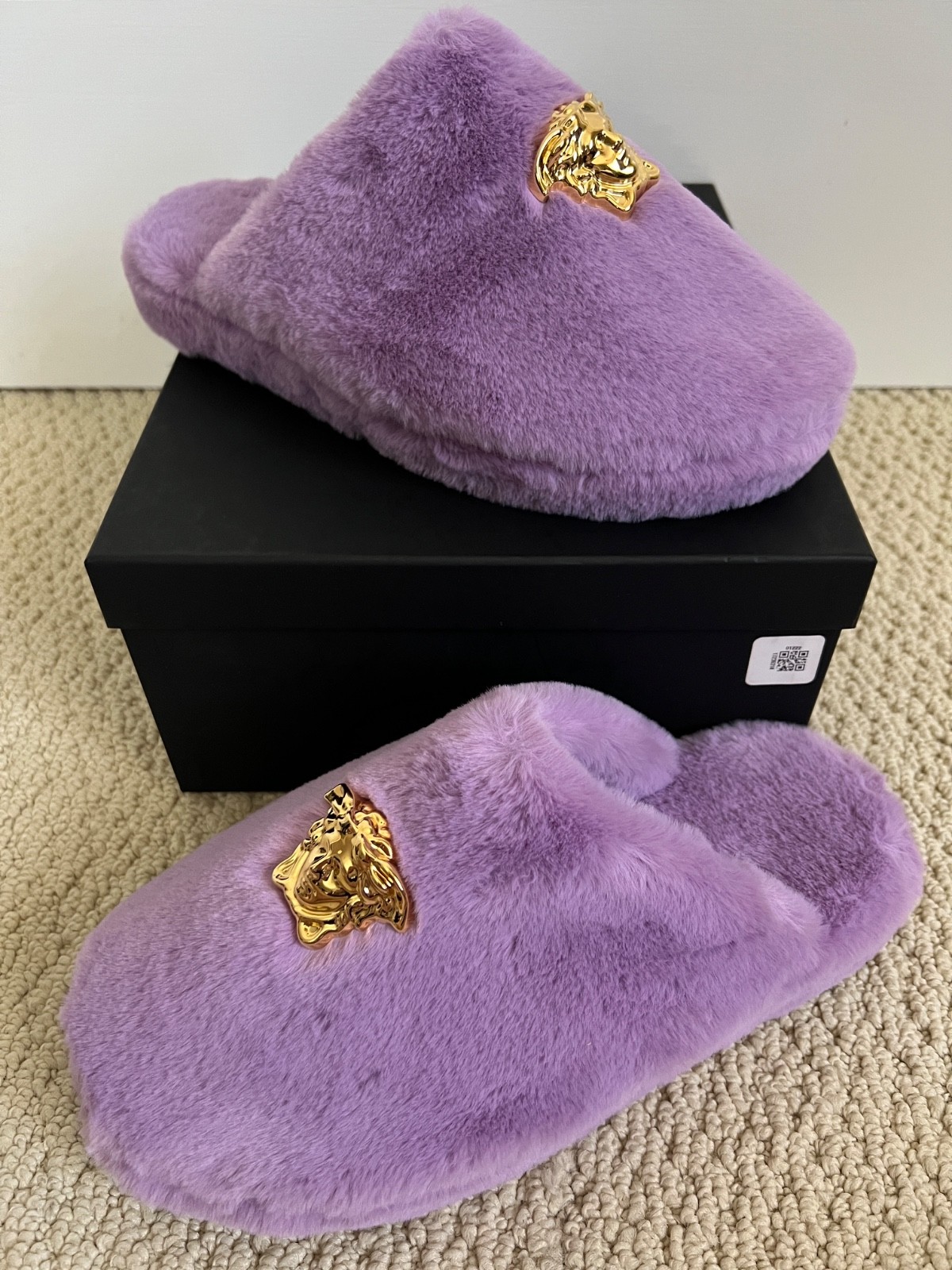 PANTOFOLA D’ORO Ciabatta Versace Palazzo La Medusa oro viola eco pelliccia sintetica mules nuova con scatola 41 8 $695