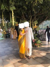 yellow and green gold silk saree with stitched blouse and skirt ready to wear