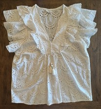 NICOLE MILLER ARTELIER (L) Ivory Eyelet Ruffled Lace Tunic Flutter Sleeve BOHO
