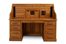 Antique Oak Roll-Top Desk • 40+ Drawers & Compartments • Solid Wood Executive