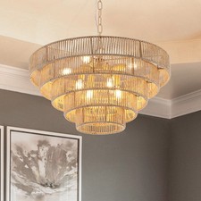 24" Boho Rattan Wood Pendant Light Farmhouse Chandelier LED Hanging Lamp Fixture