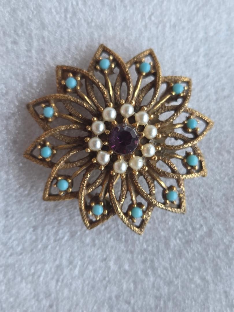 Vintage Gold Tone Filigree Flower Faux Pearl Turquoise Amethyst Pin