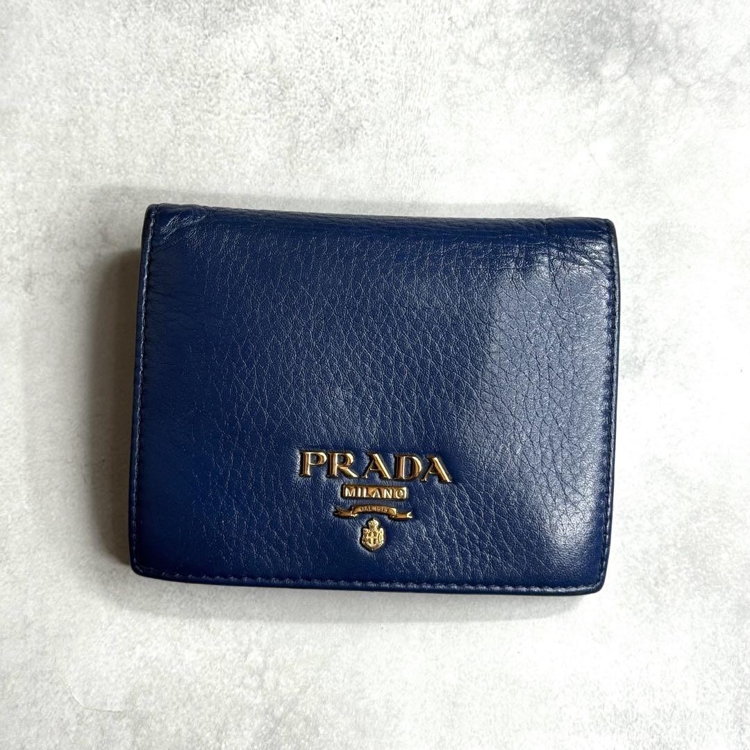 PRADA Vittero Grain Leather Compact Wallet in Blue