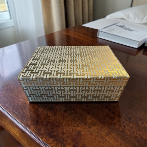 Rare Vintage Hermes - Like Geometric Pattern Rectangular  Jewelry Box Gold