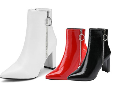 Women Chunky High Heel Booties Fashion Pointed Toe Side Zipper Ankle Boots