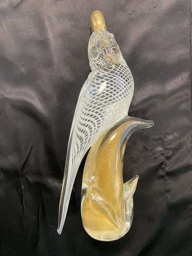 Vintage Venetian Murano Gold Fleck White Optic Glass Cockatoo Parrot