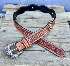 Hand Tooled Leather Western Belt 1.5 Texas Star Conchos Removable Buckle