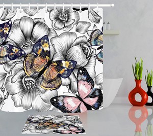Details About Sketch Flower Butterfly Bathroom Waterproof Polyester Fabric Shower Curtain Hook