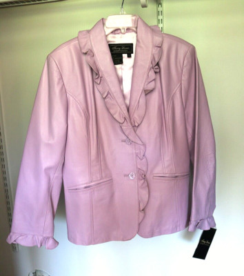 Terry Lewis Lilac Color Leather Jacket/coat with Ruffles size L/11,12