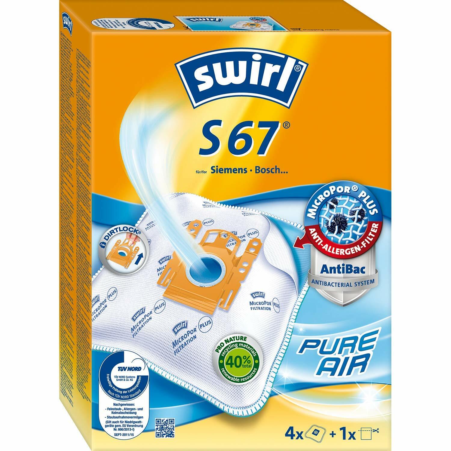 Swirl S 67 MicroPor Plus Staubsaugerbeutel für Siemens Bosch Staubsauger 4er Set