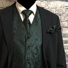 Dark Green XS to 6XL Paisley Tuxedo Suit Dress Vest Waistcoat Neck tie Hanky