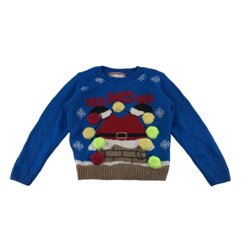 Christmas Jumper Age 5 Blue Santa Chimney Baubles Graphic Long Sleeve - Afbeelding 1 van 10