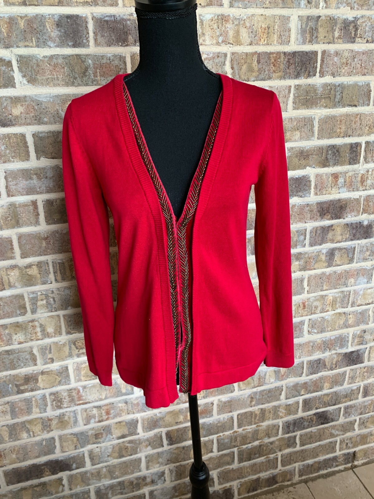 red cardigan sweater velvet trim 